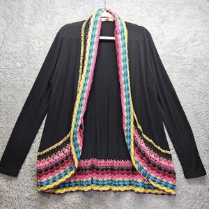onetheland Womens Black Rainbow Crochet Trim Cardigan Colorful Grandma Medium